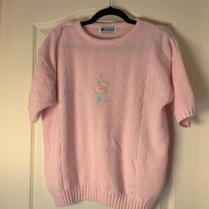 Vintage Dandini Pink Knit Sweater Floral Embroidery Short Sleeve Retro Large 80s